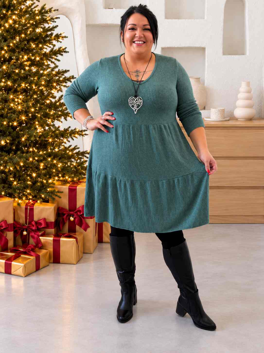 Úpletové šaty áčkové Janis do 4XL - zelenkavé