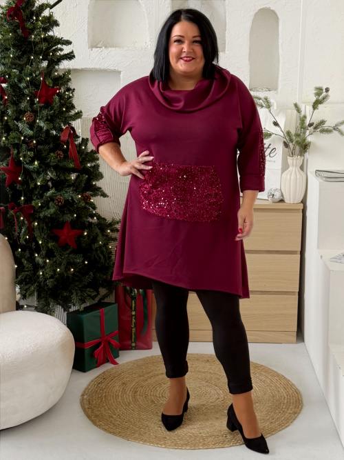 Tunikové šaty s flitry Rubina do 3XL - vínové
