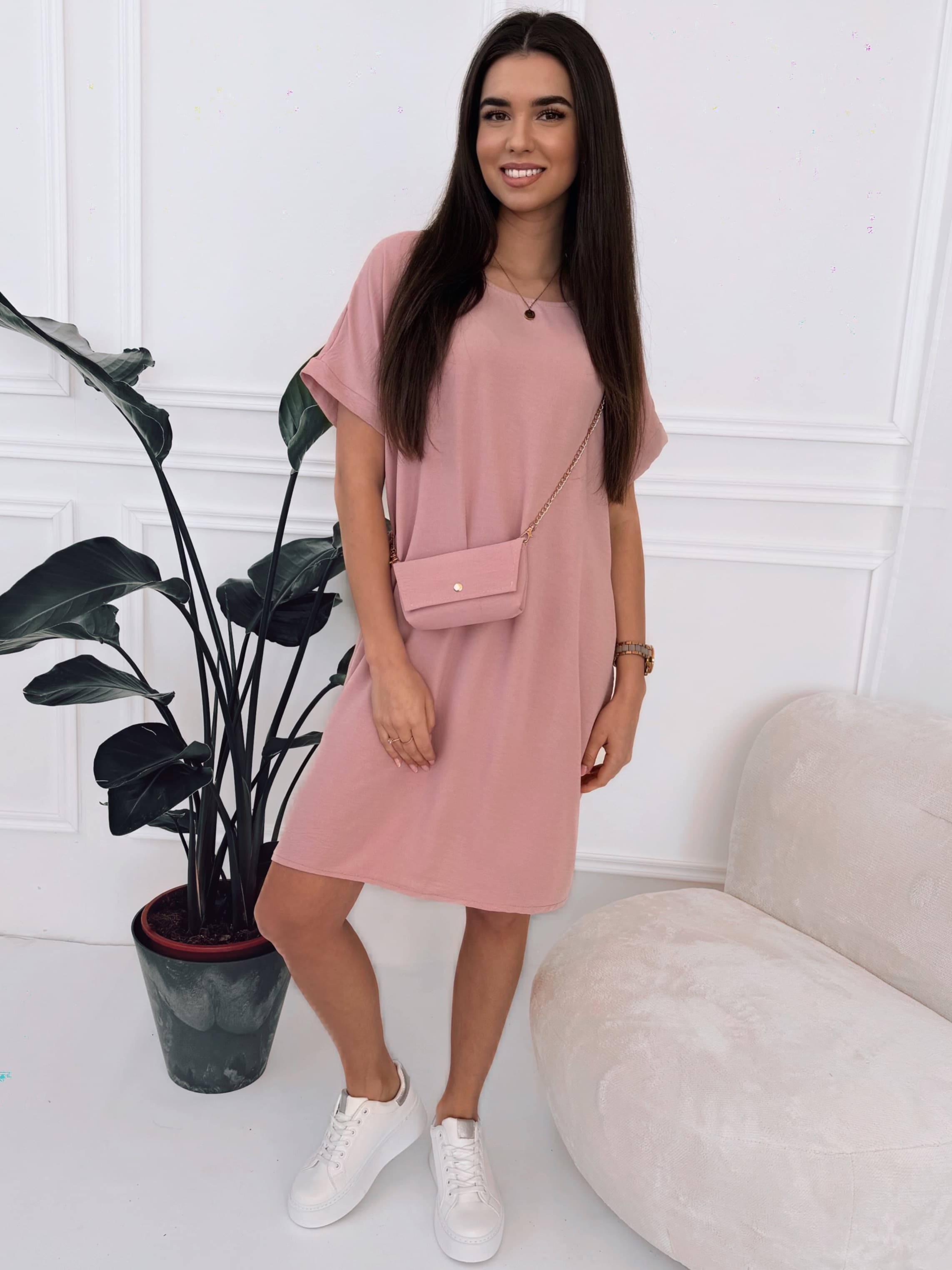 Šaty Oversize s kabelkou růžové pudr