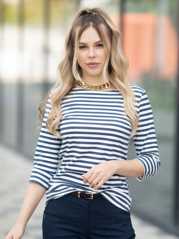 Basic bavlněné tričko s 3/4 rukávem proužek modrý