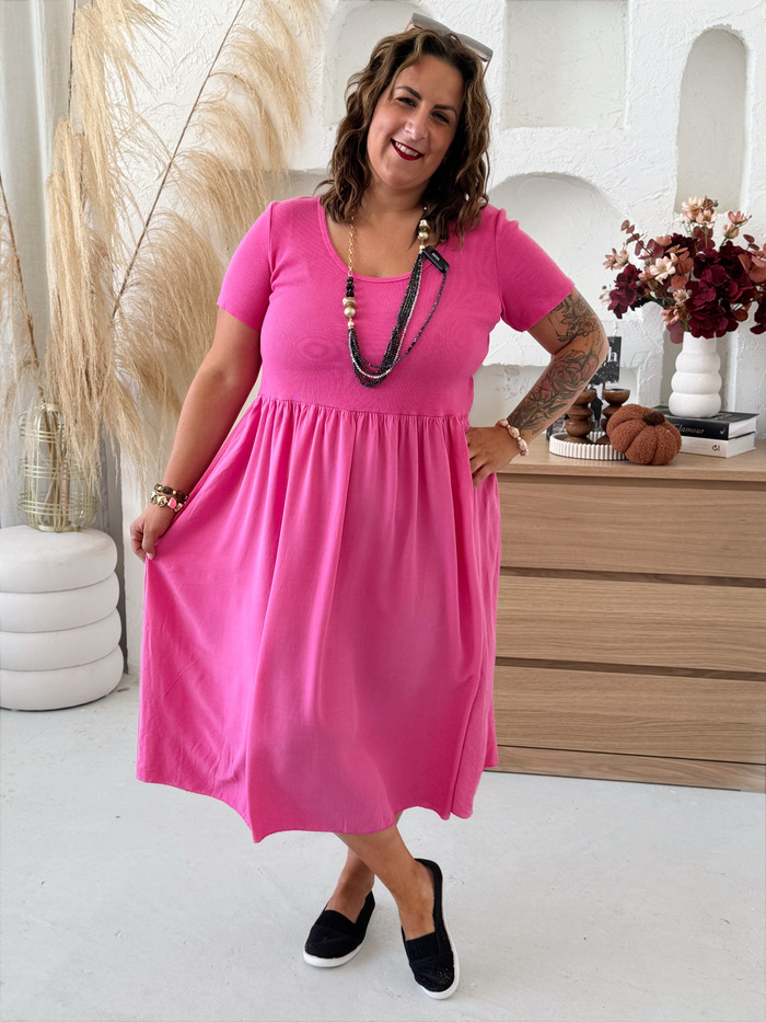 Zkrácené Plus size šaty Basic Free - fuchsiové
