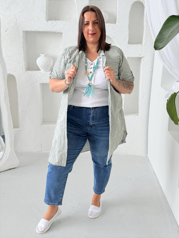 Prodloužená košile proužek khaki