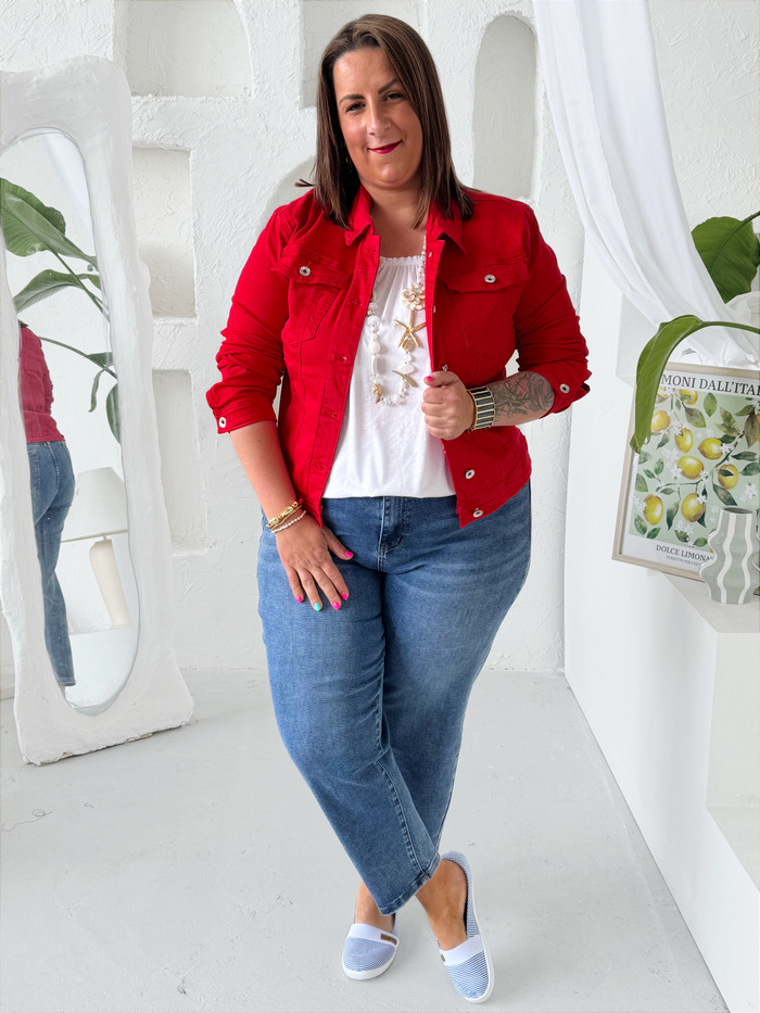 Džínová bunda elastická červená do 4XL