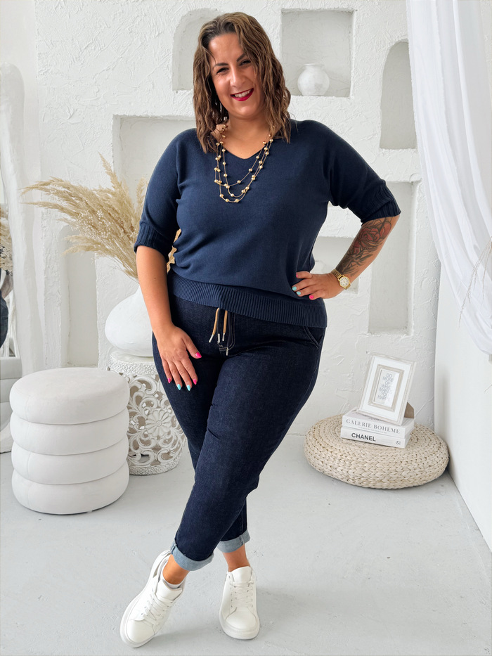 Úpletový svetr s 3/4 rukávem do 3XL tmavě modrý