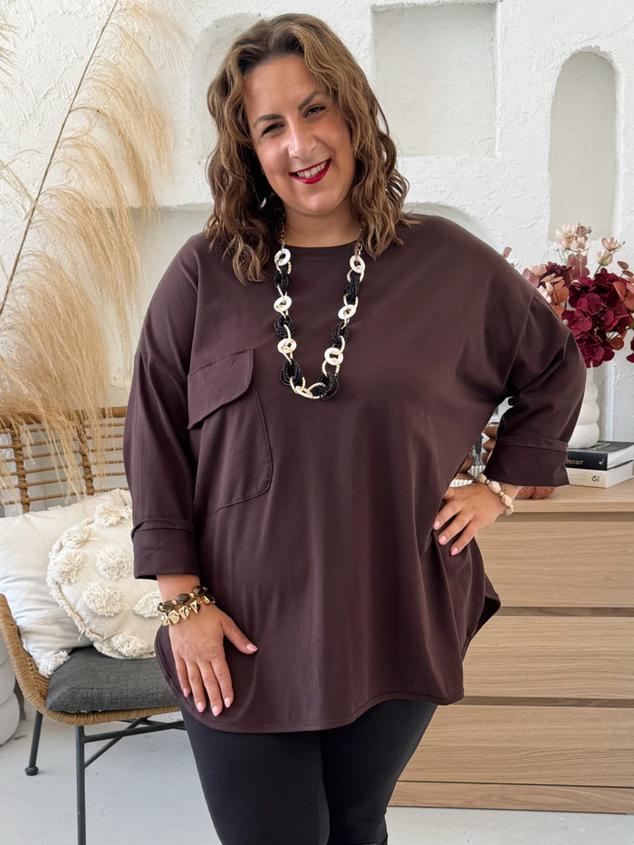 Oversize mikinové triko s kapsou do 5XL čokoládové