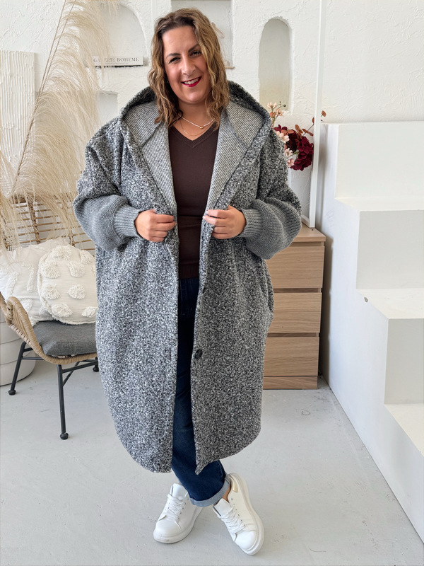 Kabát Wool s pletnými rukávy do 4XL pepř a sůl