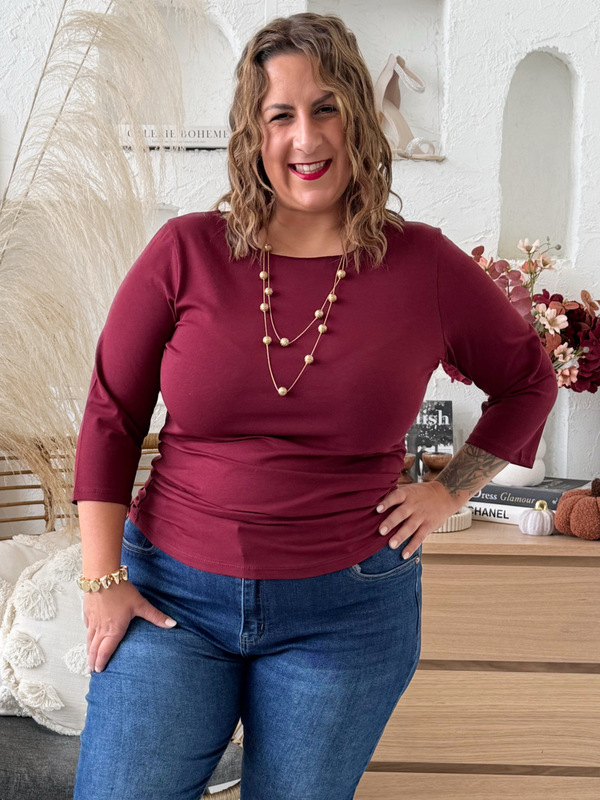 Bavlněné tričko s 3/4 rukávem do 3XL burgundy