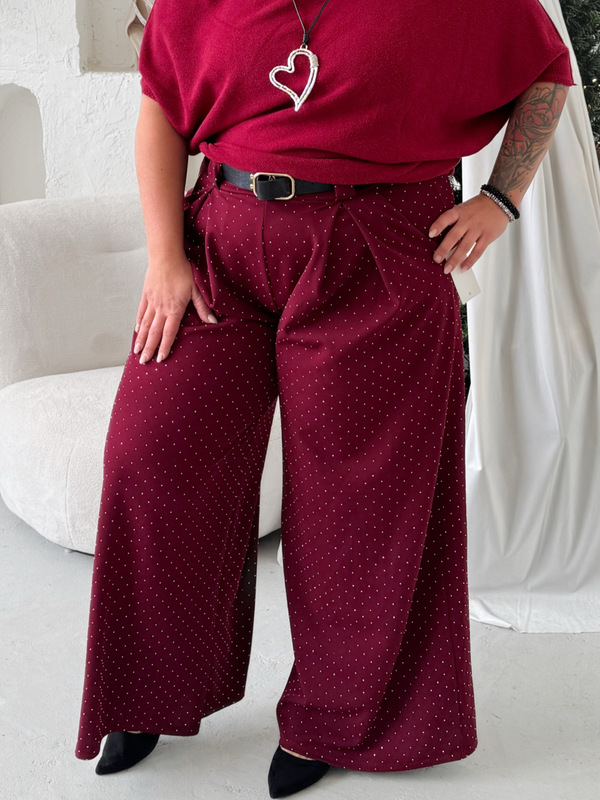 Kalhoty Strass s kamínky široké nohavice do 4XL - burgundy