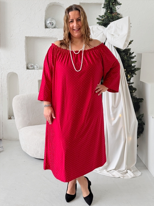 Šaty se štrasovými kamínky Shoulder do 4XL červené