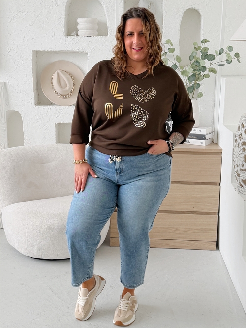 Máslová mikina Love do 3XL čokoládová