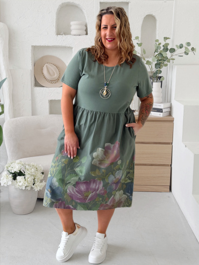 Balonové šaty Flower Pastel do 4XL - khaki