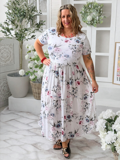 Květované maxi šaty Lora do 4XL - bílé