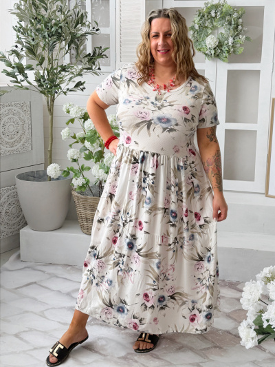 Květované maxi šaty Lora do 4XL - béžové