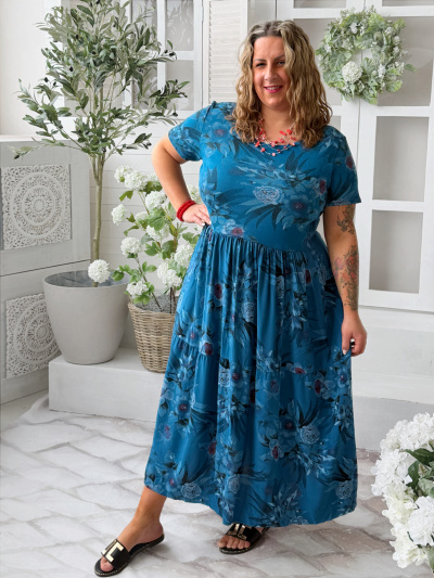 Květované maxi šaty Lora do 4XL - petrolej