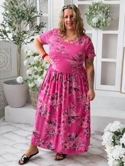 Květované maxi šaty Lora do 4XL - fuchsiové