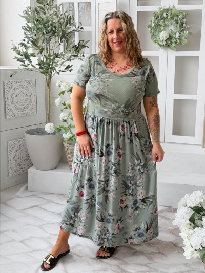 Květované maxi šaty Lora do 4XL - khaki 