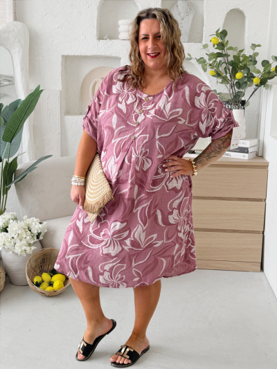 Tunikové šaty Abstract Len do 4XL - růžová