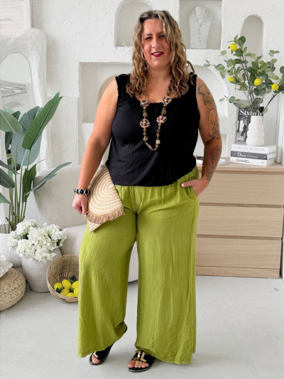 Mačkané kalhoty Wide do 5XL - limetka