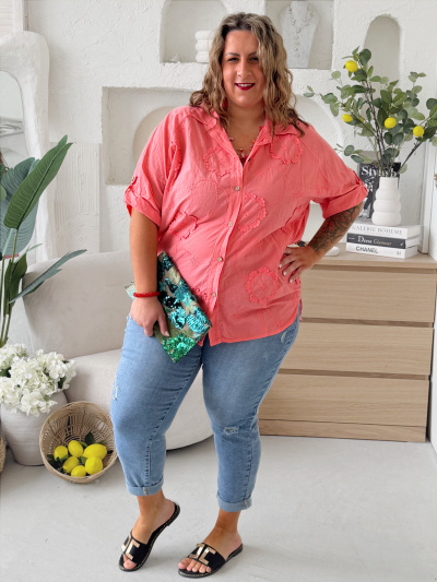 Bavlněná košile Flower Comfort do 3XL -  losos