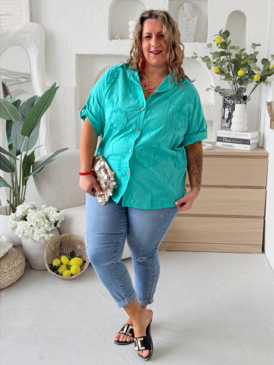 Bavlněná košile Flower Comfort do 3XL -  tyrkysová