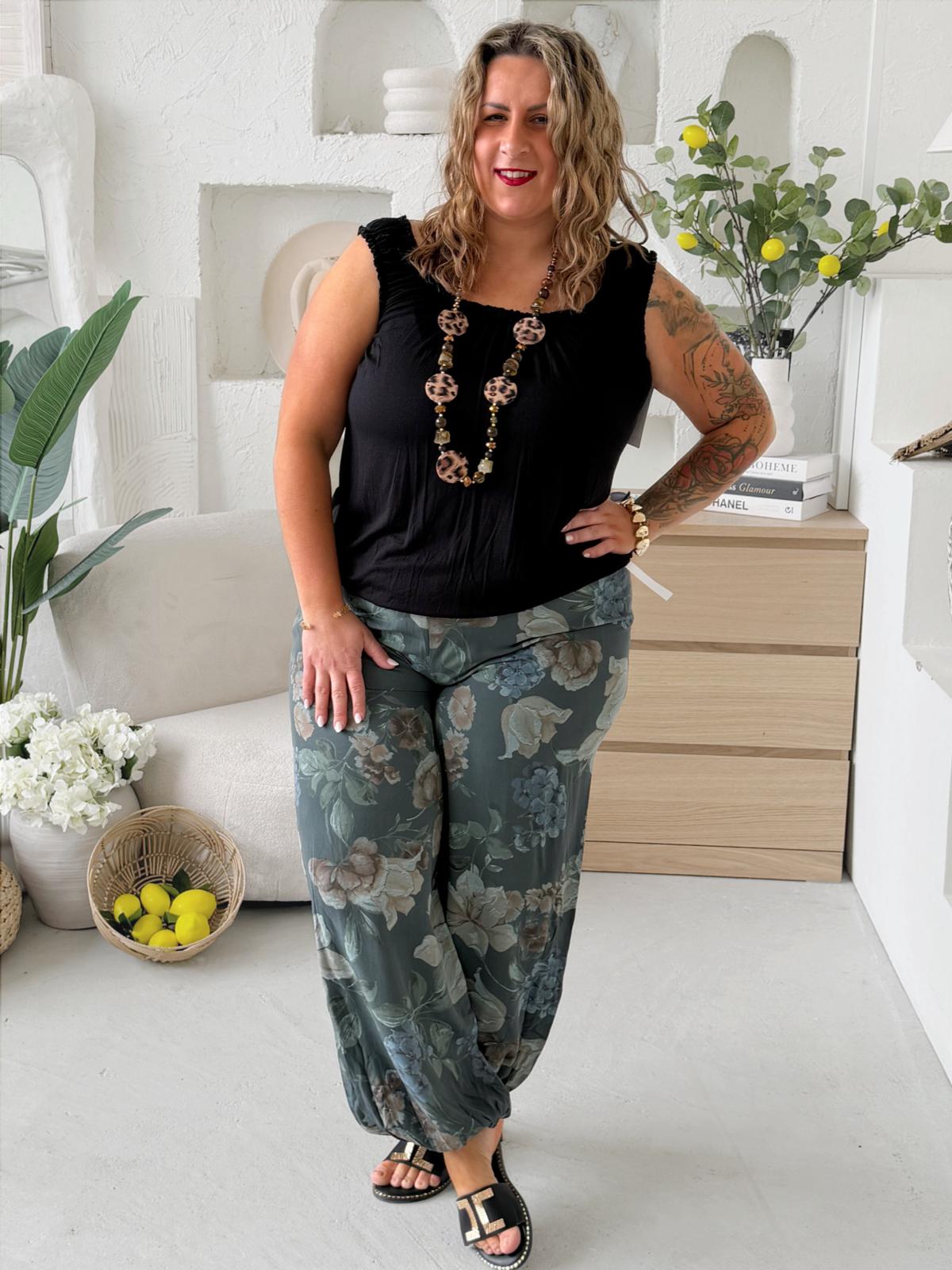 Aladinky květované do 3XL - šedozelené