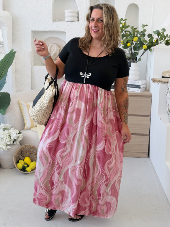 Maxi šaty s pružným žebrovaným vrškem Colories růžové