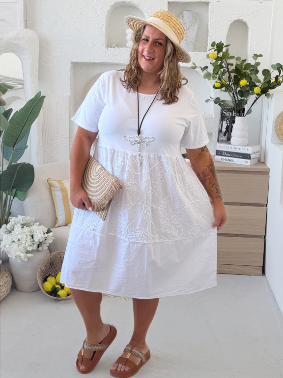 Áčkové midi šaty Luna do 4XL - bílé