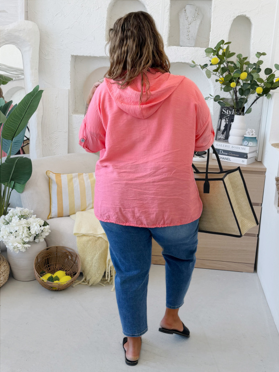 Lehoučká bunda na knoflíky s kapucí do 4XL lososová