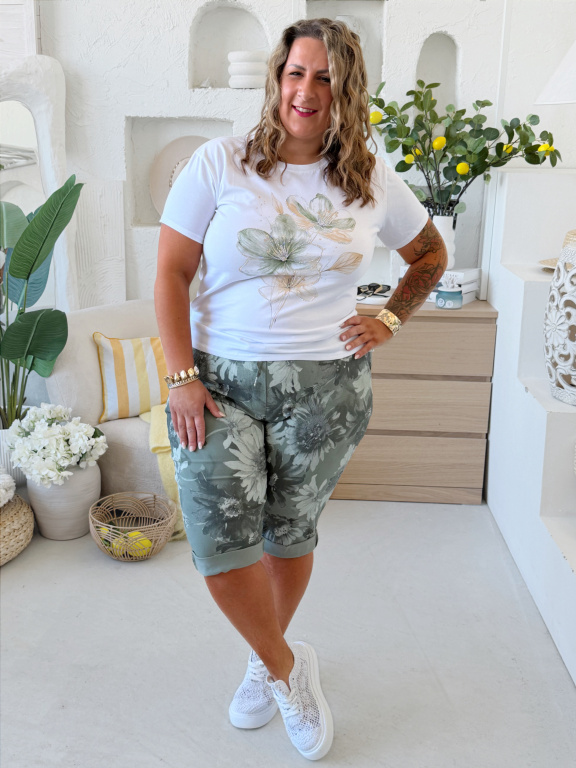 Větší superstrečové capri kalhoty Flower khaki