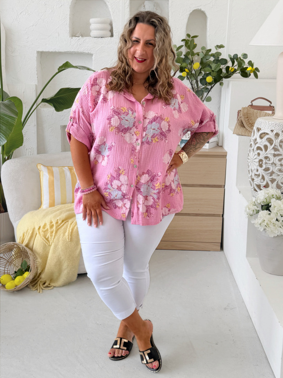Mušelínová košile Flower do 4XL - růžová
