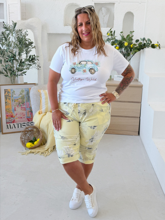Větší superstrečové capri kalhoty Flower žluté