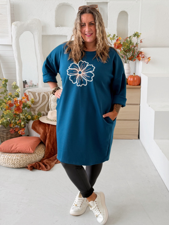 Máselkové šaty Flower do 4XL - petrolej