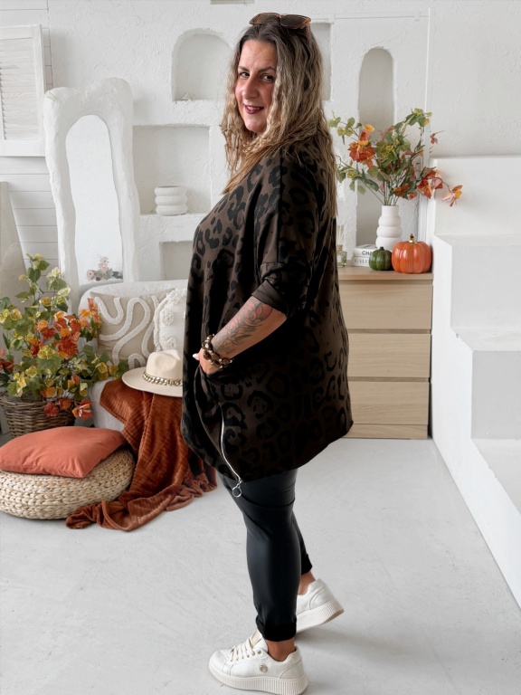 Cípatá mikinová tunika Evelin Leo do 4XL - hnědá