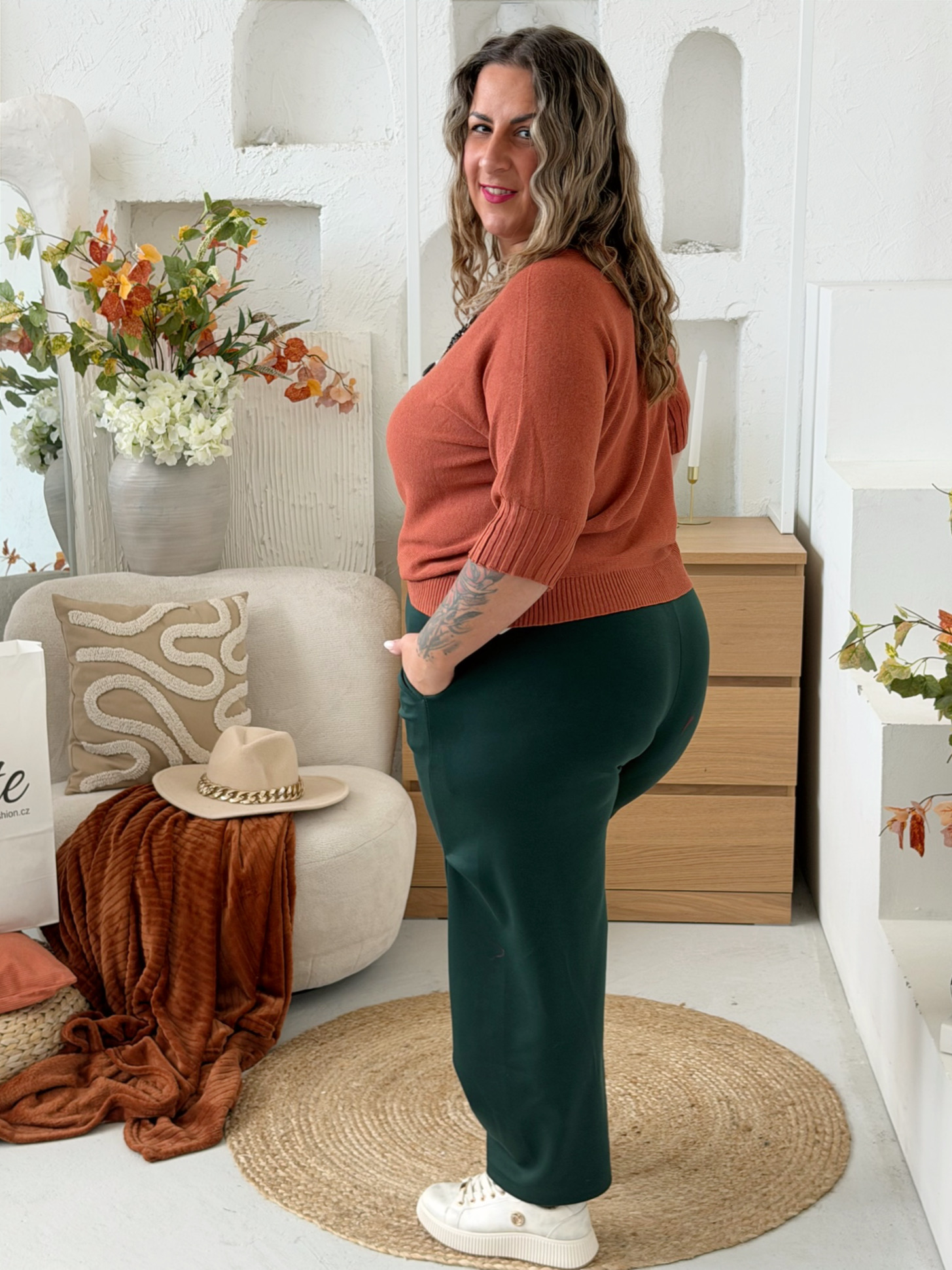 Máselkové kalhoty Jasmin do 3XL - smaragdové