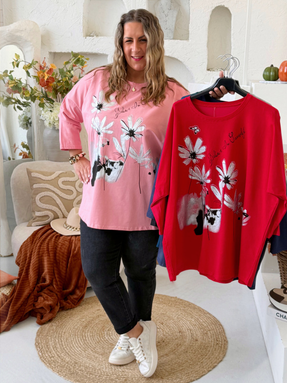 Oversize tričko Flower Ellie do 4XL - růžové
