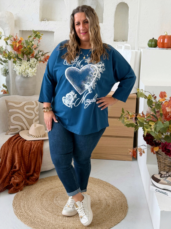 Oversize tričko Srdce Ellie do 4XL - petrolej