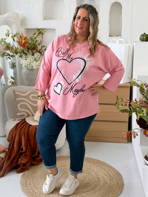 Oversize tričko Srdce Ellie do 4XL - růžové