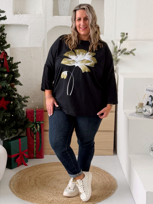 Oversize tričko Květina Ellie do 4XL - černé