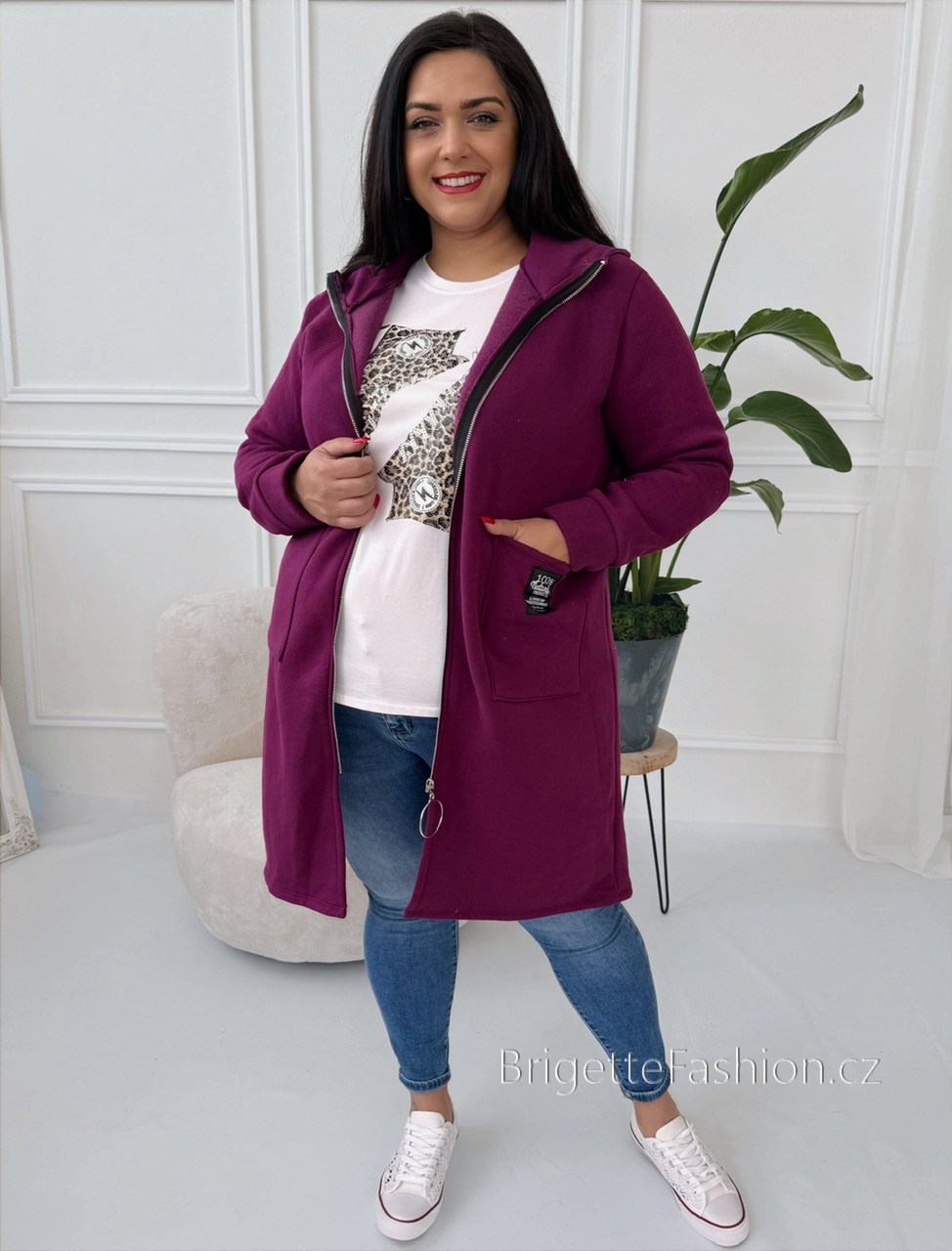 Teplákový vyteplený cardigan Symbol na zip tmavá malina