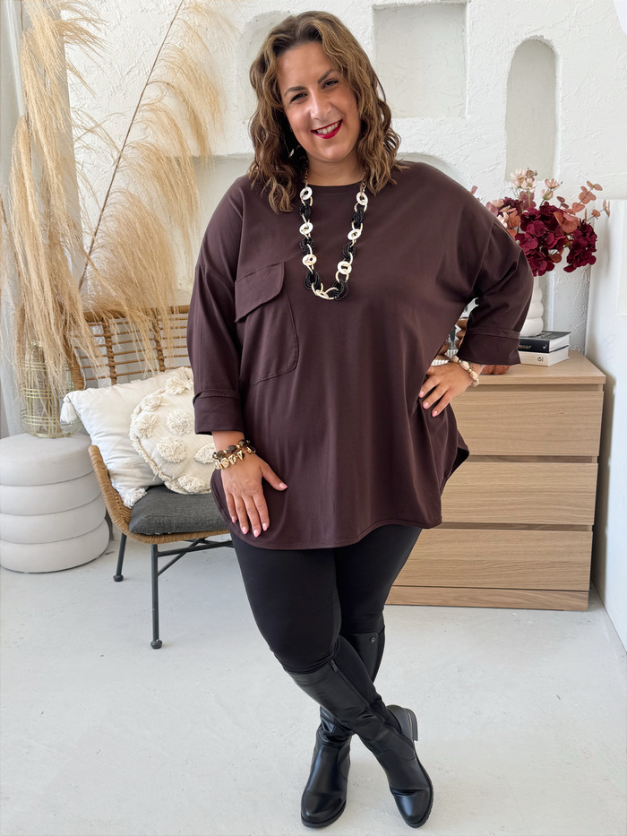 Oversize mikinové triko s kapsou do 5XL čokoládové