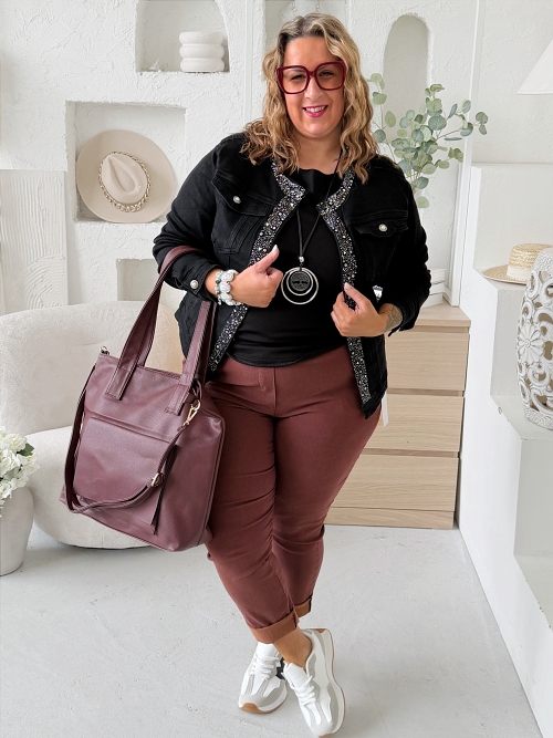 HIT!!! Superstrečové kalhoty Stella do 4XL - čokoládově švestková 