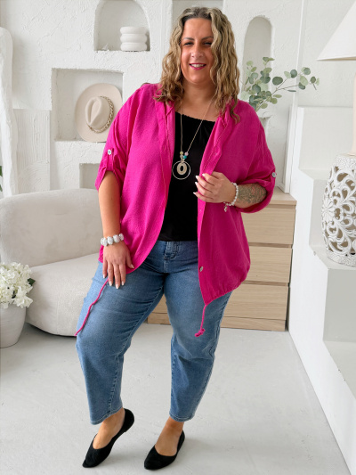 Lehoučká bunda na knoflíky s kapucí do 4XL fuchsiová