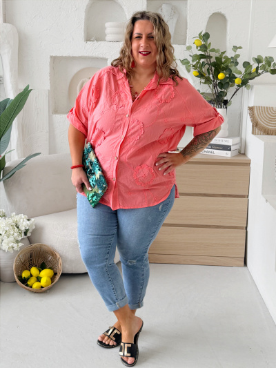 Bavlněná košile Flower Comfort do 3XL -  losos