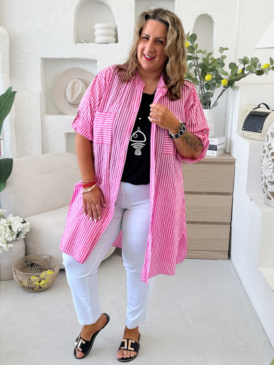 Prodloužená košile proužek do 4XL - fuchsiová