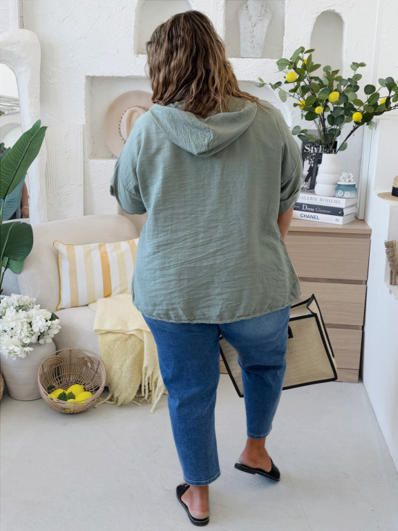 Lehoučká bunda na knoflíky s kapucí do 4XL - khaki
