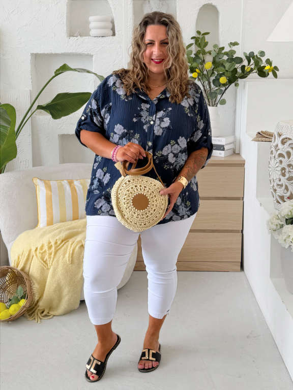 Mušelínová košile Flower do 4XL - tmavě modrá