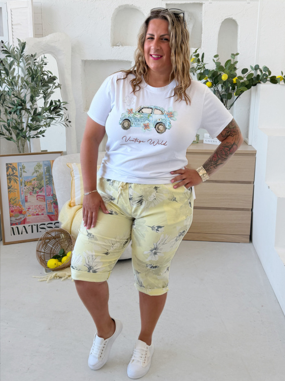Větší superstrečové capri kalhoty Flower žluté
