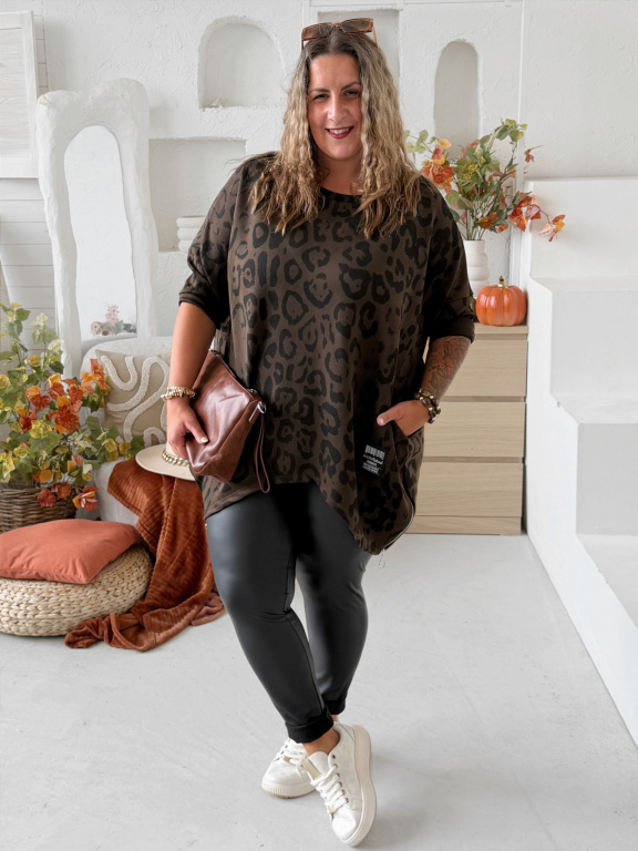 Cípatá mikinová tunika Evelin Leo do 4XL - hnědá