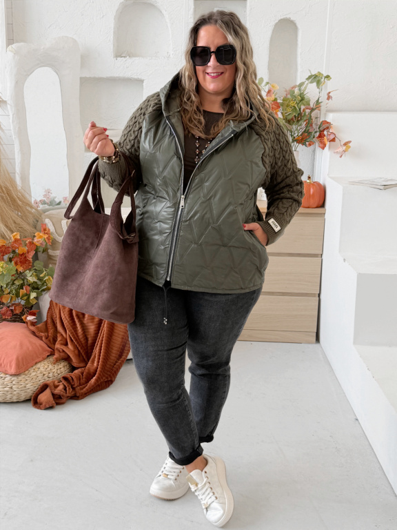 Prošívaná bunda s pletenými rukávy Jorny do 4XL - khaki