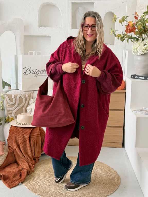 Kabát Wool s pletnými rukávy do 4XL - vínová
